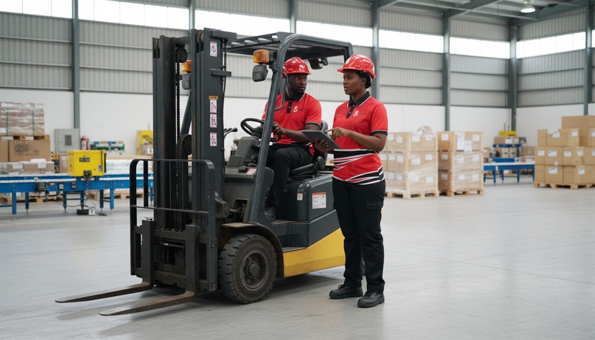 Two Wyvern Freight team members in safety gear working with a forklift