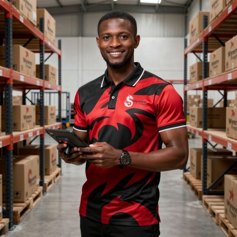 Smiling Wyvern Freight team member holding a scanner