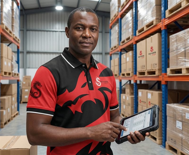 Wyvern Freight team member checking stock with a tablet