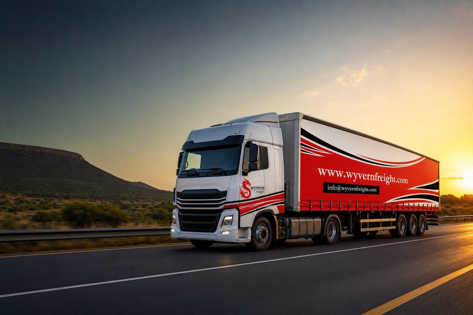 Wyvern Freight semi-trailer on highway at dusk