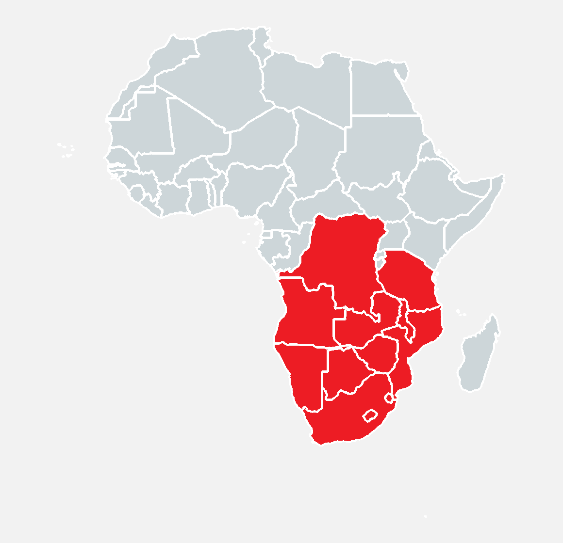 Africa map highlighting Zimbabwe, South Africa, Botswana, Zambia, Mozambique, Namibia, the DRC, Malawi, Angola, Tanzania, Eswatini, and Lesotho in red