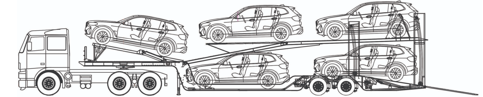 Technical side drawing of a multi-level car carrier transporting six passenger vehicles