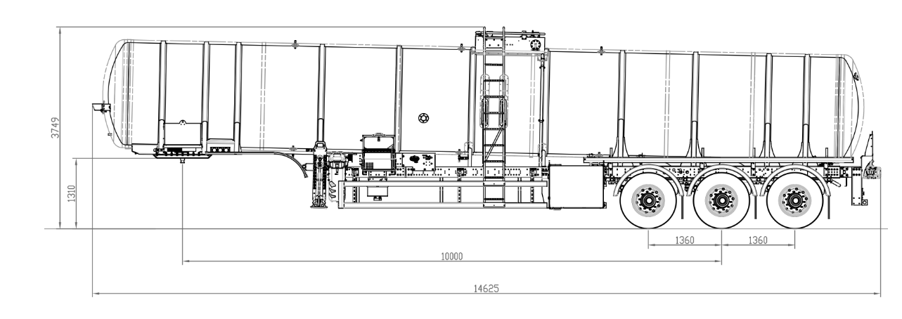 Technical side drawing of a 30,000 litre tridem-axle chemicals and fertilizer tanker semi-trailer