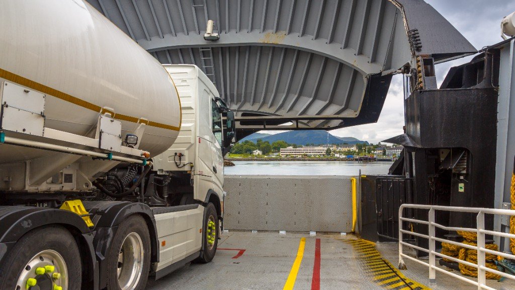 Tanker truck carrying chemicals and fertilizer cargo during a ferry crossing