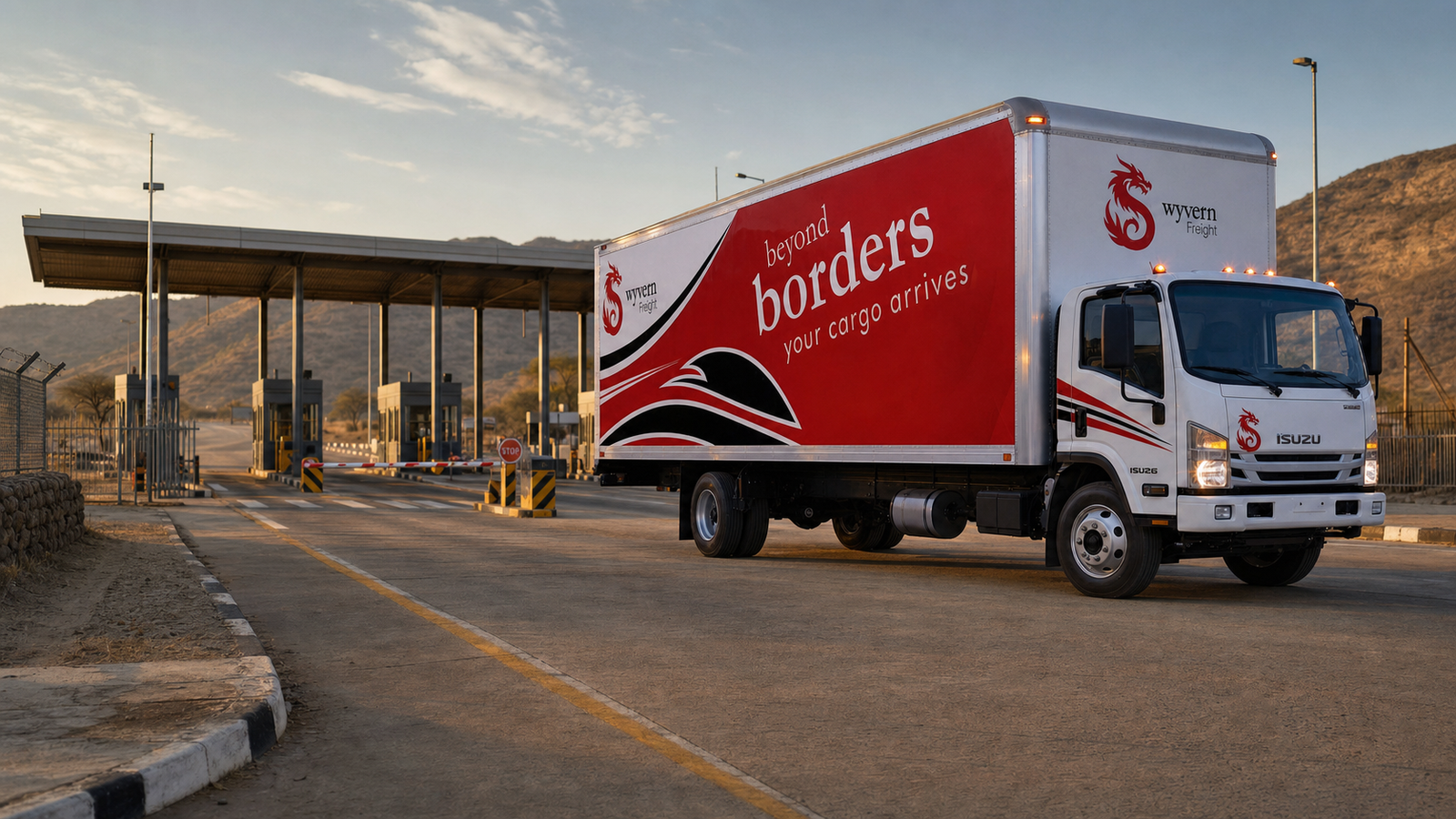 Wyvern Freight truck approaching a Southern African border clearance checkpoint