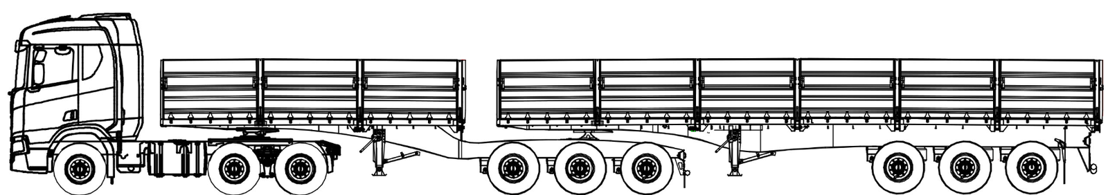 Technical side drawing of a multi-axle dropside interlink for agricultural and general freight