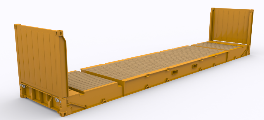 Open-sided flat rack container with reinforced deck and fixed end walls