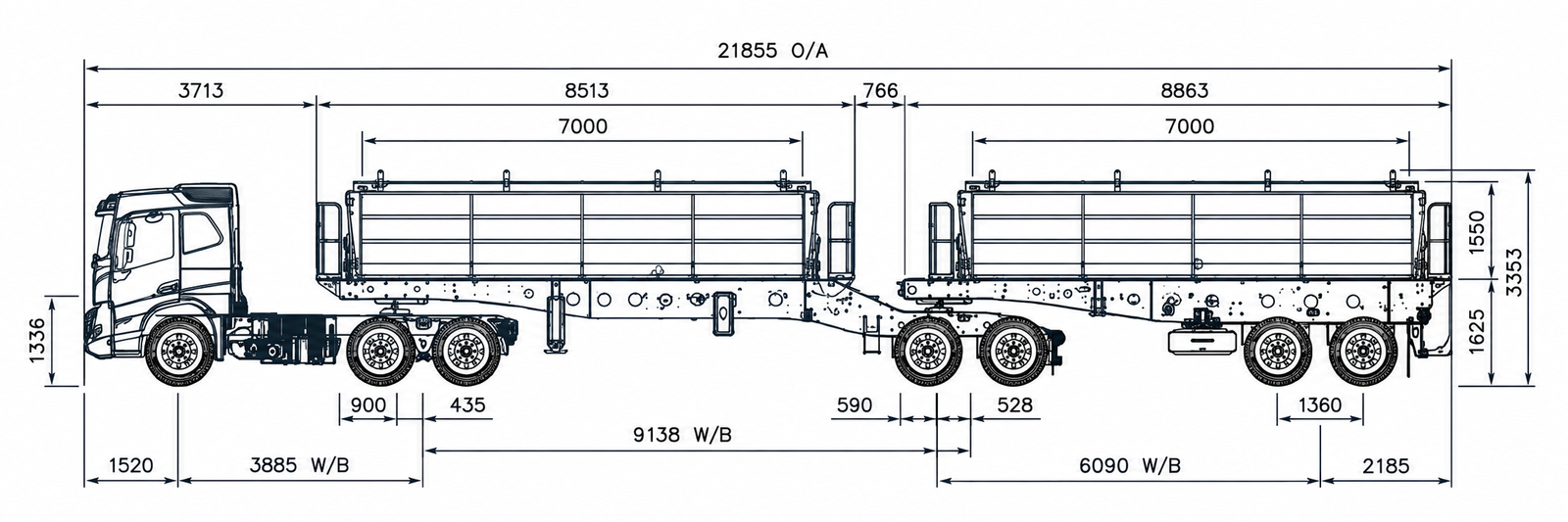 Heavy-duty side tip interlink technical diagram showing tandem/tandem axle dimensions