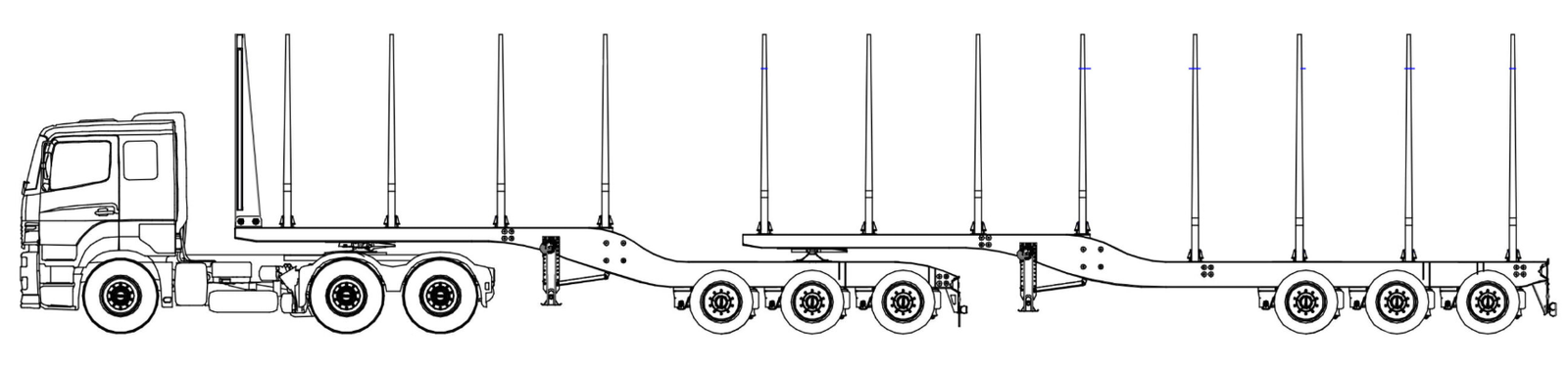 Technical side drawing of a timber carrier rigid and drawbar combination with reinforced stakes